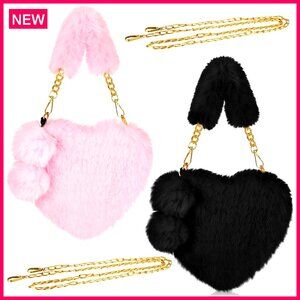 2 Piece Faux Fur Heart Purse Set with Chain Strap Shoulder Bag